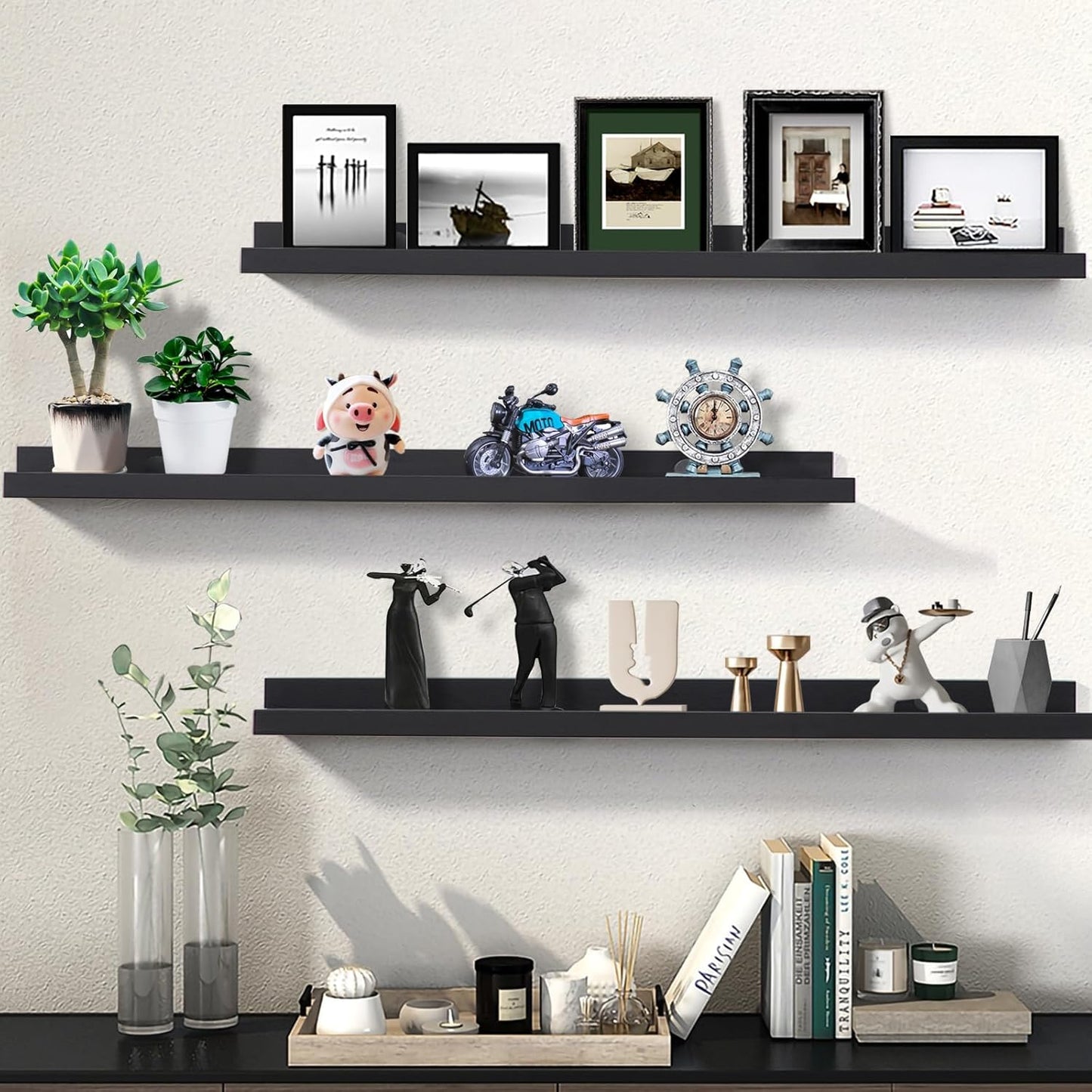 AZSKY Floating Picture Ledge Shelves for Wall Set of 3, 36 Inch Photo Shelves with Lip Long Large Nursery Book Shelf for Toys Storage Kids Bookshelf Wall Mounted Living Room Bedroom Decor Frames