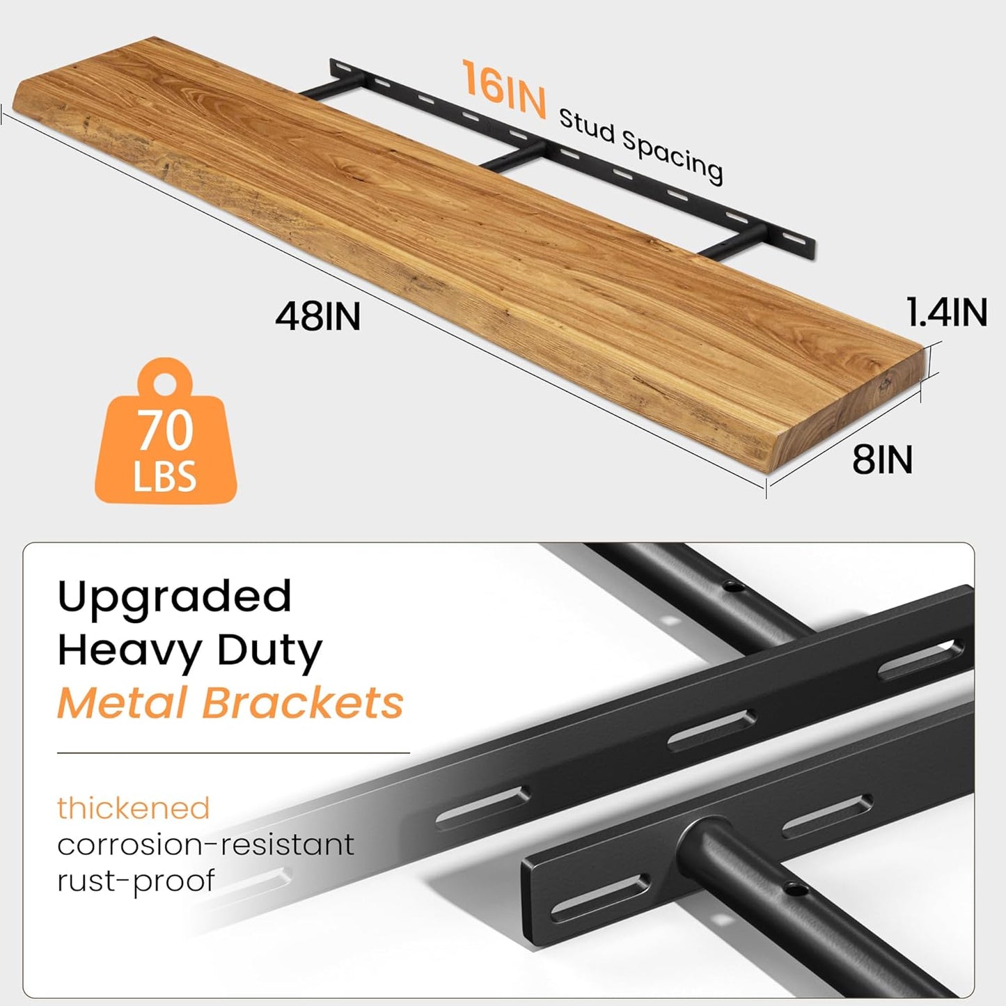 48 Inch Floating Shelves for Wall, Rustic Live Edge Elm Wood Shelf, Heavy-Duty Deep Floating Shelf for Home Decor, Wall Mounted Storage Shelves for Books, Bathroom, and Kitchen, Natural Finish