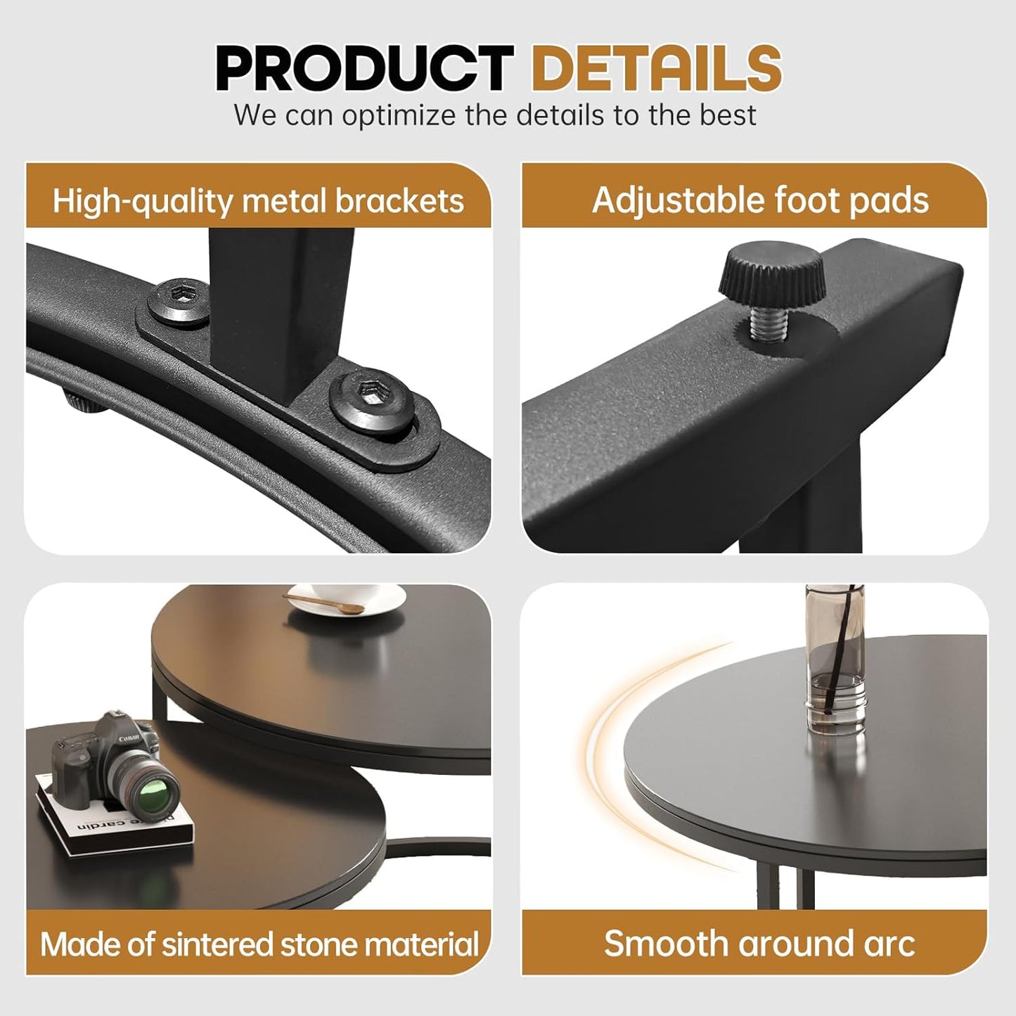 Coffee Tables for Living Room, Black Modern Decorative Coffee Center Table Set of 2, Sintered Stone Top & Sturdy Metal Base,for Living Room, Bedroom, Apartment