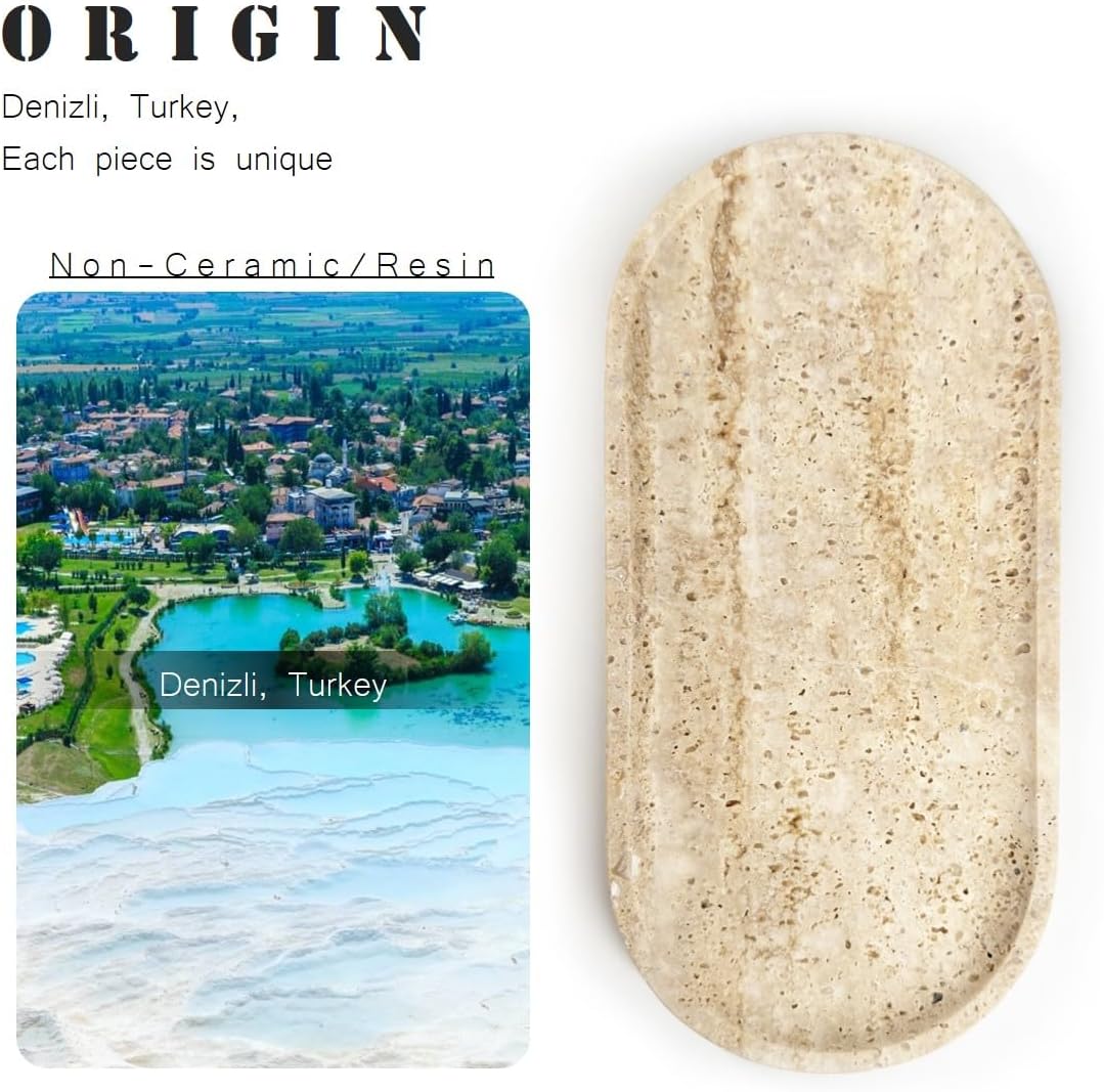 JINGJU Turkish Travertine Oval Tray 10x5 Inches, Natural Stone Decorative Tray for Jewelry, Candle, Bathroom Counter, Coffee Table