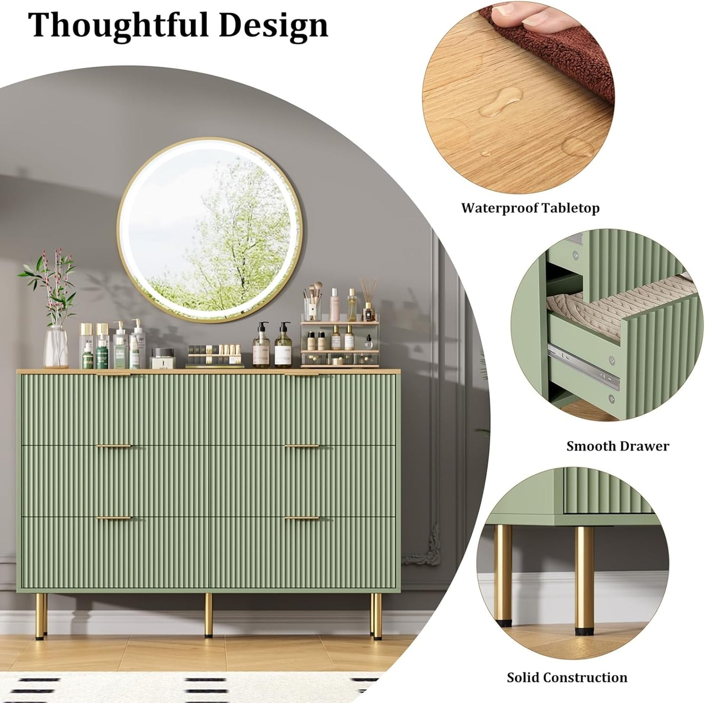 Fluted Wood Dresser 6 Drawers Dresser for Bedroom, Large Modern Chest of Drawers, for Bedroom, Living Room, Hallway, Entryway, Green and Oak