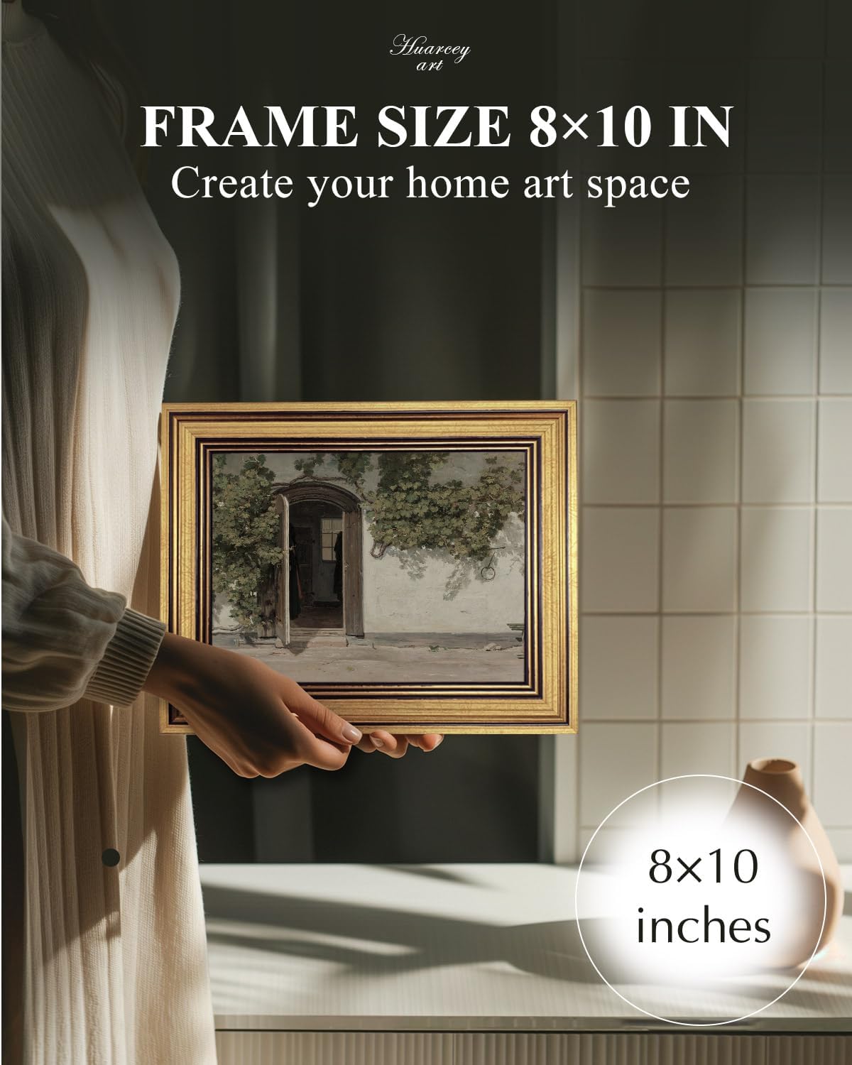 HUARCEY Gold Framed Vintage Wall Art Vineman Climbing The Walls Farmhouse Wall Decor Opening Door Oil Painting Picture Canvas Print Art Home Decor Aesthetic for Bedroom Bathroom Office 8x10in