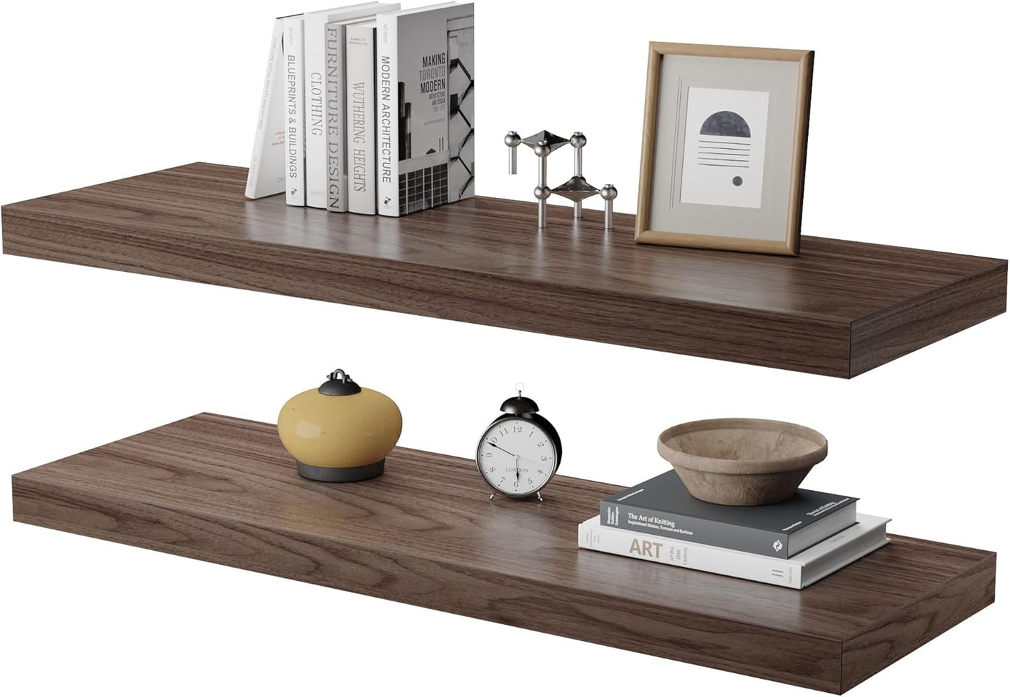 Large Floating Shelves for Wall Set of 2 Wooden Wall Shelves 24 in x 12.75 in x 2 in Room Decor Long Shelf with Invisible Wall Mount Bracket for Bedroom Kitchen Living Room Walnut