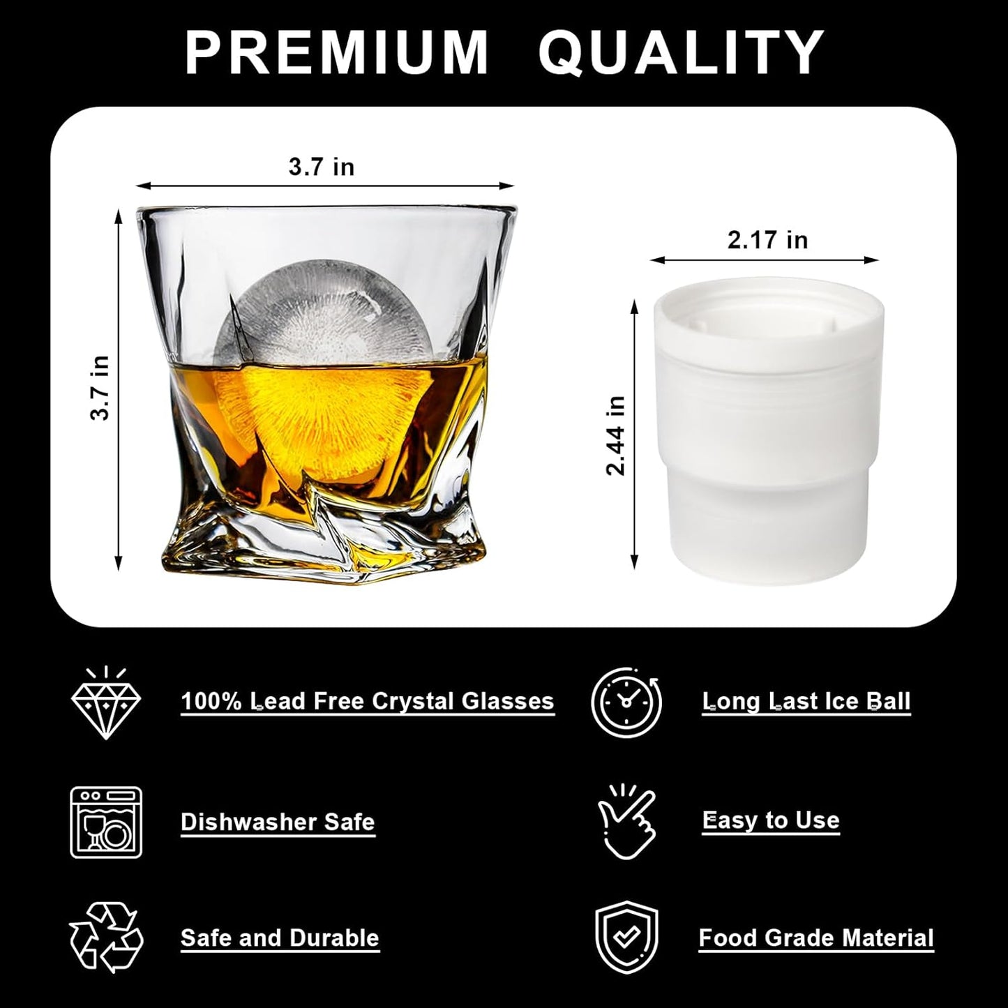 Crystal Whiskey Glasses Set of 2 with Ice Ball Molds, 11 Oz Old Fashioned Glasses Packaged in Giftable Box, Twisted Style Bourbon Glasses Gifts for Men, Stylish Whiskey Glasses Set