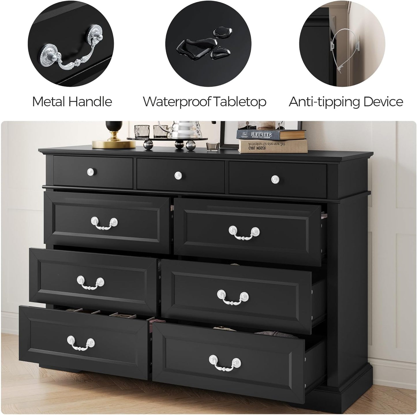 LINSY HOME 9 Drawers Dresser for Bedroom, Wood Modern Farmhouse Drawer Chest, Tall Black Dresser for Closet, Large Dressers with Storage Organizer for Living Room, Closet, Hallway