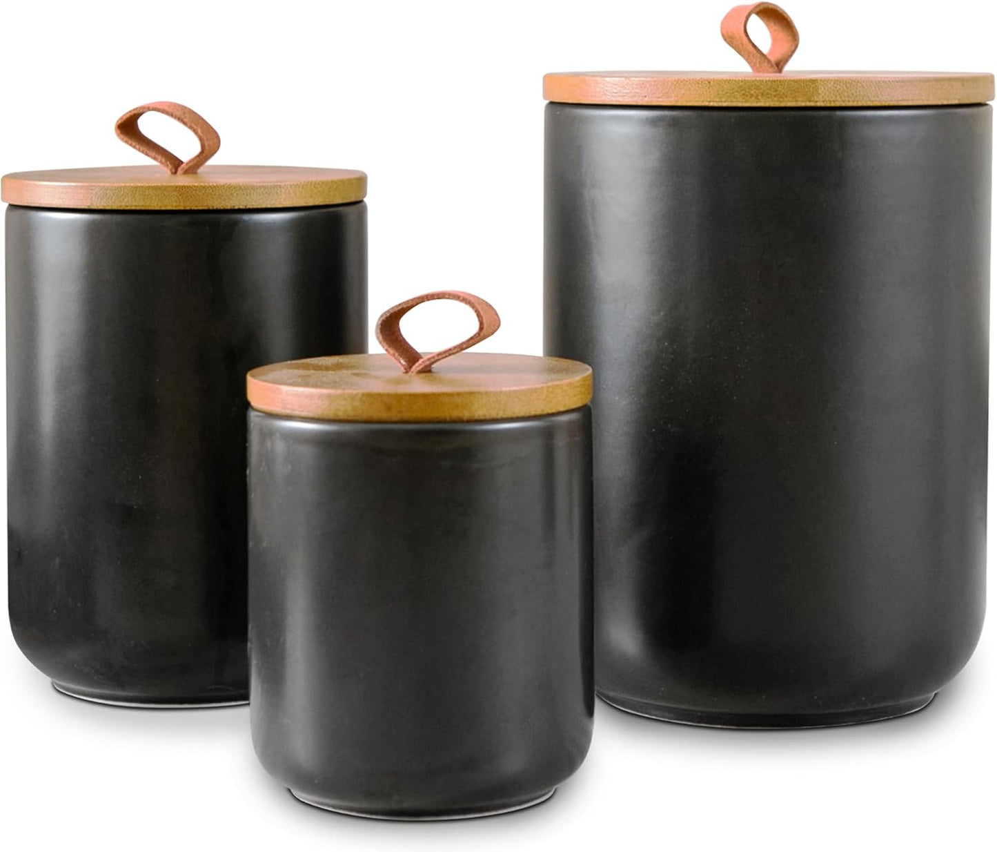 Black Canister Sets for Kitchen, 3pcs Ceramic Canisters with Airtight Wooden Lid, Food Storage Jar, Large Kitchen Storage Containers for Serving Coffee Beans, Tea, Sugar, Salt, Spices