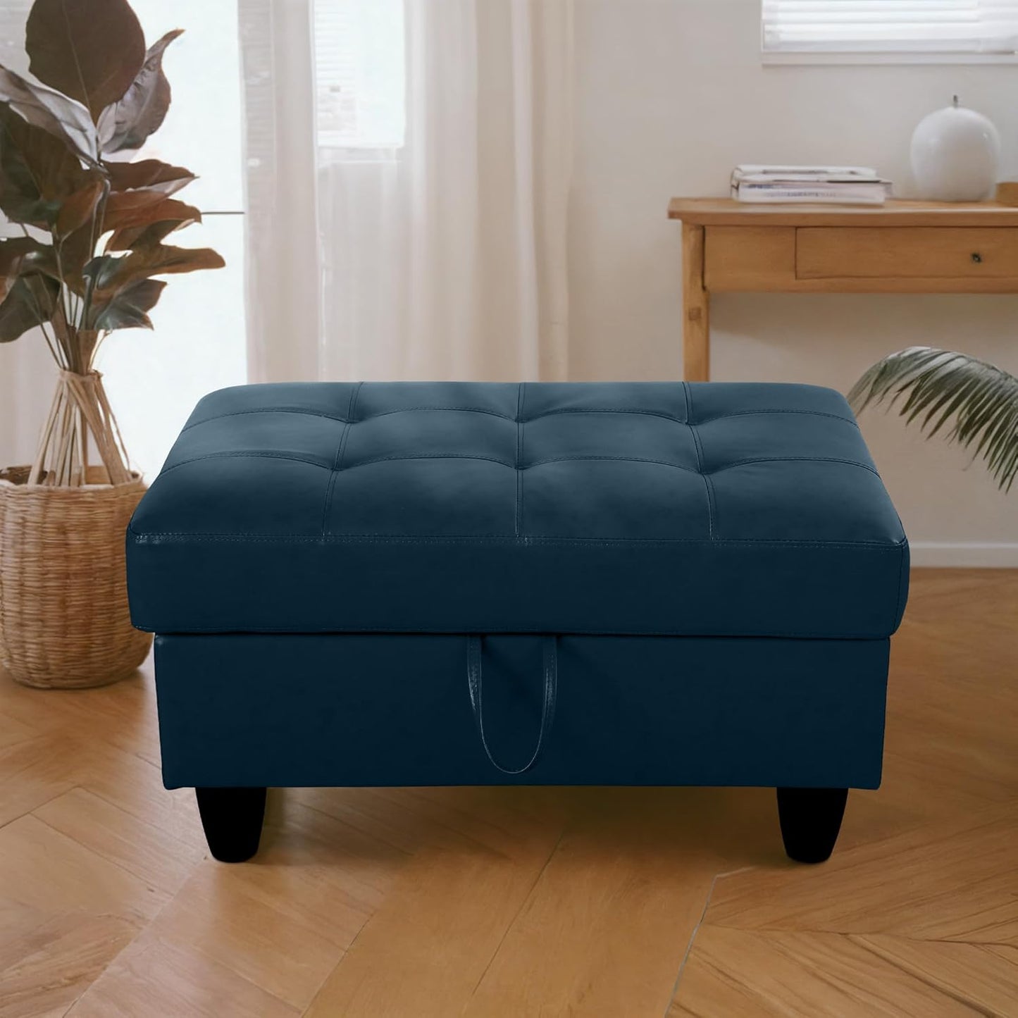 Ottoman Rectangular Storage Ottoman Bench, Faux Leather Footrest, Coffee Table, Stool Footstool with Hinged Lid for Living Room, Bedroom, Entryway, Dark Blue, 35"x23.5"x17.5"