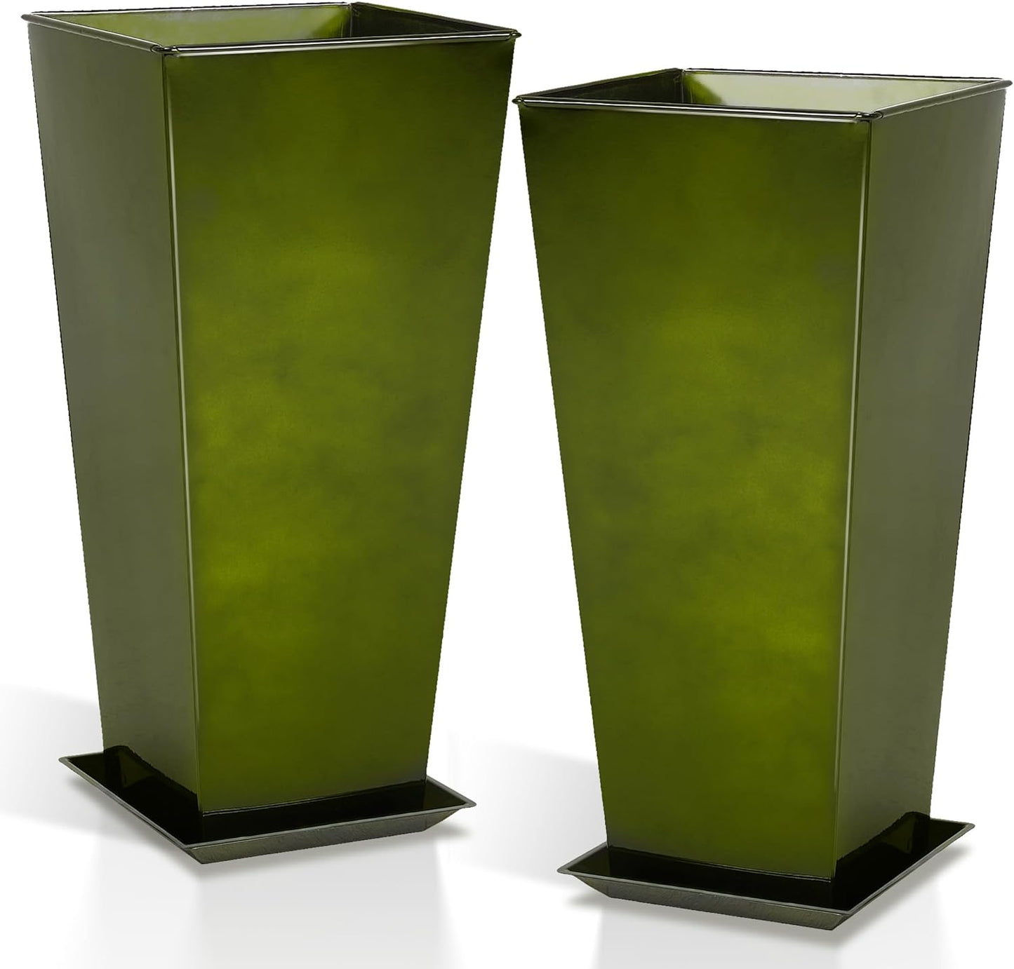 WORTH Garden 28" Large Metal Glazed Planter Set of 2, Luxurious Glossy Finish Green Tall Square Tapered Steel Plant Pots, Decor Flower Pot Indoor & Outdoor, Drainage Hole & Dual-Purpose Plant Saucer