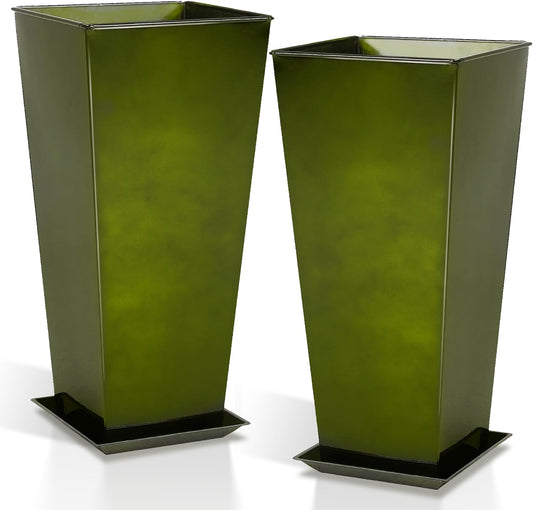 WORTH Garden 28" Large Metal Glazed Planter Set of 2, Luxurious Glossy Finish Green Tall Square Tapered Steel Plant Pots, Decor Flower Pot Indoor & Outdoor, Drainage Hole & Dual-Purpose Plant Saucer