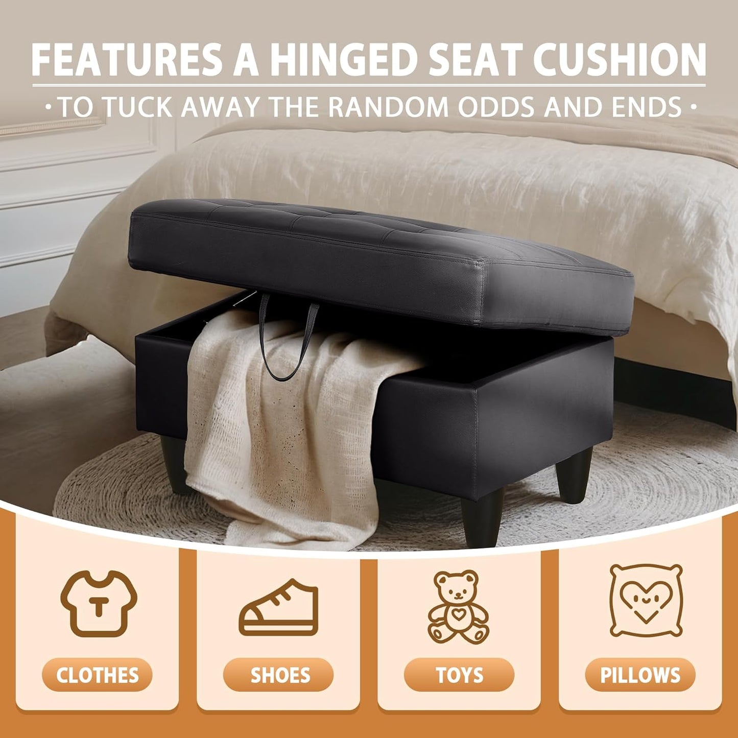 Ottoman Rectangular Storage Ottoman Bench, Faux Leather Footrest, Coffee Table, Stool Footstool with Hinged Lid for Living Room, Bedroom, Entryway, Black, 35"x23.5"x17.5"