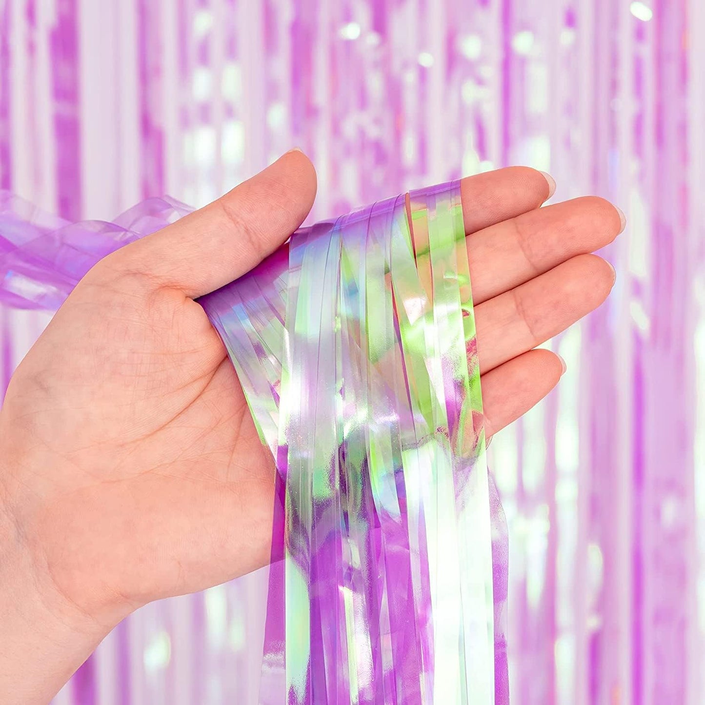 BRAVESHINE Clear Purple Party Decorations Iridescent Foil Curtain - 2 Pack 3.2 x 6.5 ft Holographic Tinsel Backdrop Party Streamers Curtains for Birthdays Valentine’s Bachelorette Bridal Shower Decor