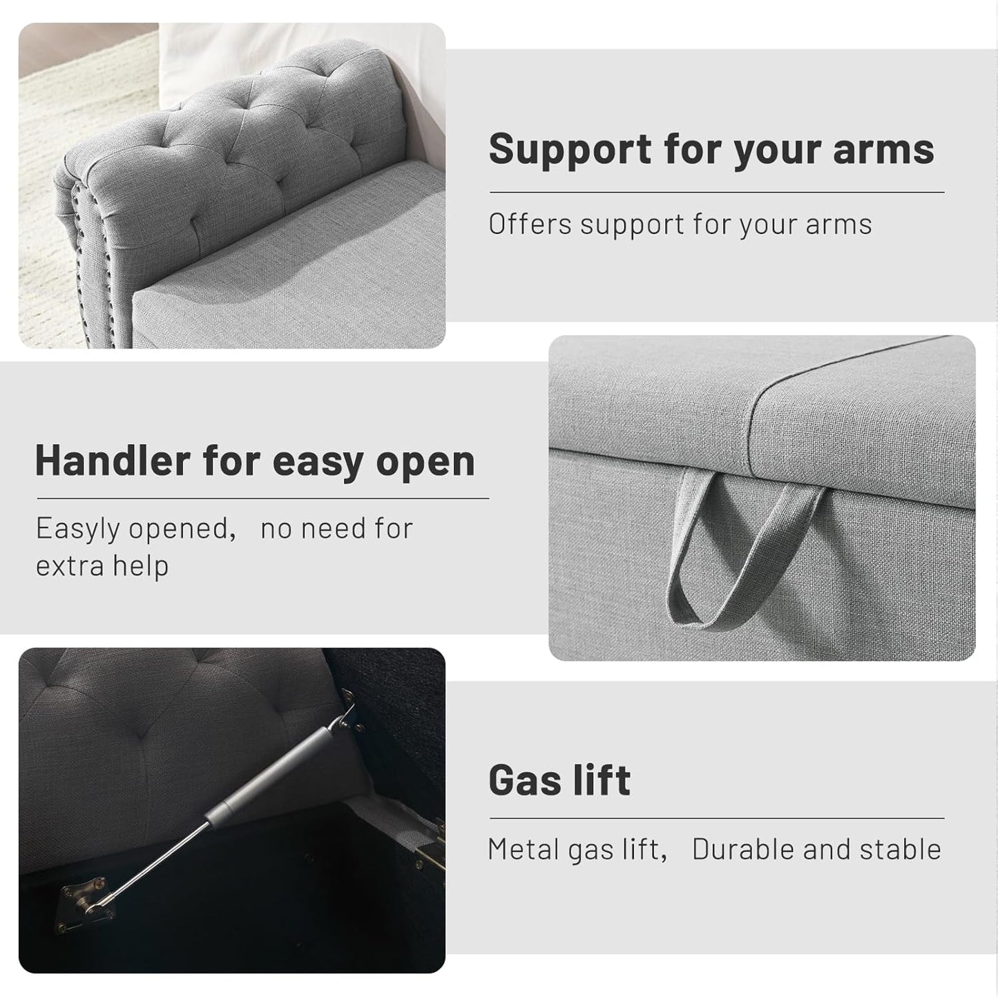 Furniliving 51.75" Storage Ottoman Bench for Living Room, Modern Bedroom Bench with Rolled Arm Upholstered End of Bed Bench Shoe Storage Bench Indoor Bench with Wood Legs Entryway Bench,Grey, Linen