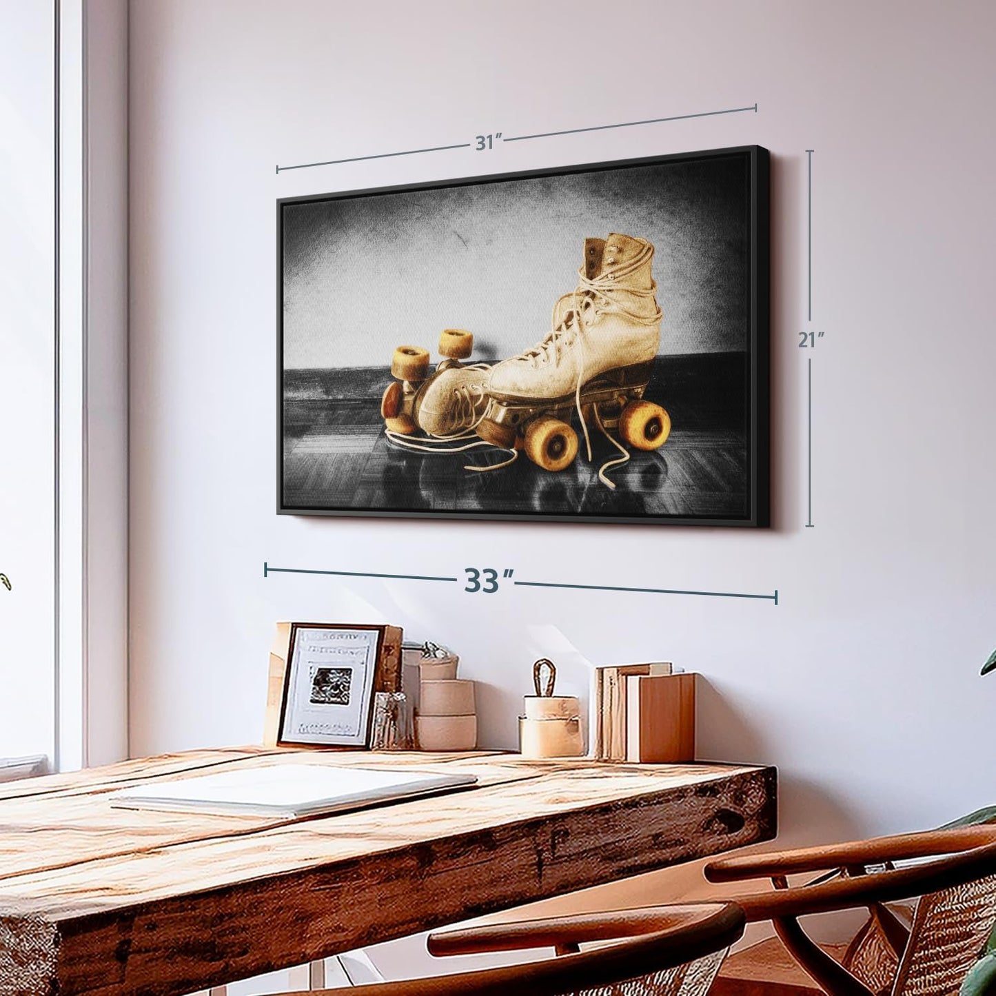 ElephantStock Vintage Skates Pop Wall Art - Horizontal Framed Canvas - 1-Piece Living Room Wall Decor - Sport Photography Canvas Print - Beige and Black Decor for Wall - 31" X 21"