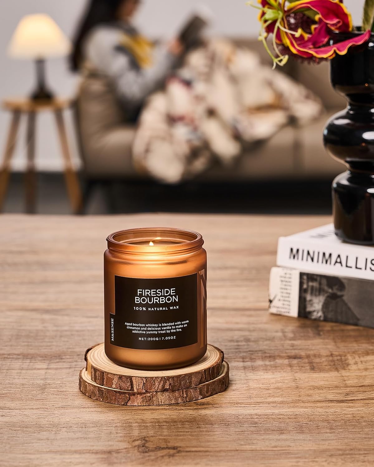 M&SENSE Fireside Bourbon Clean Non-Toxic Soy Wax Campfire Smoky Candle, Cotton Fall Scented Candle for Home Decor, 7.05oz Up to 50 Hours Burn Time Aromatherapy Gift for Bathroom
