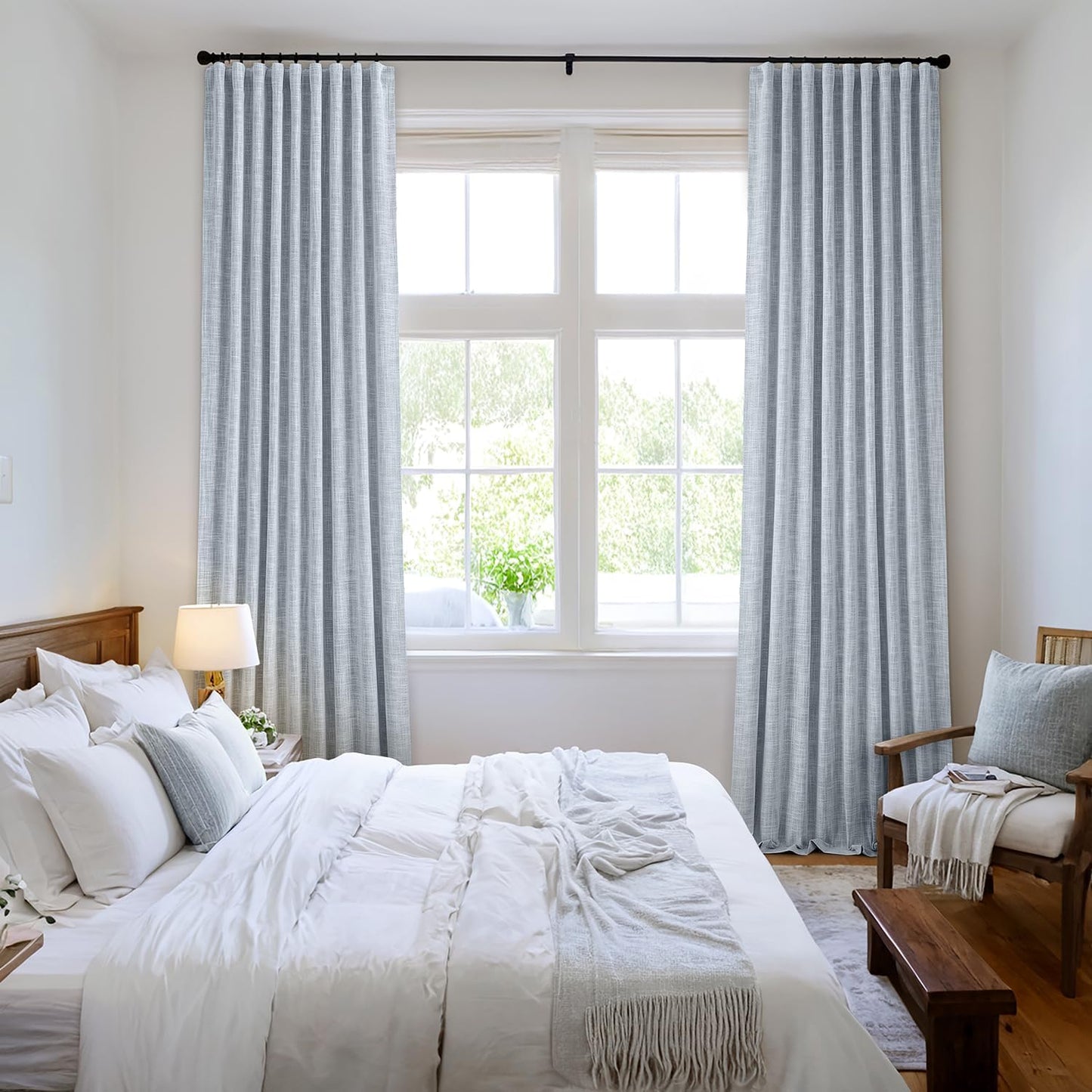 MIULEE Light Blue 100% Blackout Linen Curtains 108 Inch 2 Panels Set Double Sided No Coating Pleated Back Tab Black Out Extra Long Thermal Insulated Pinch Pleat Bedroom Living Room Darkening Drapes