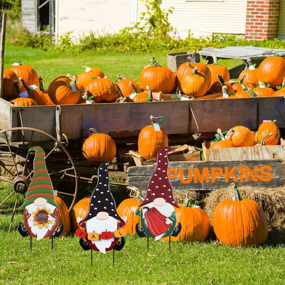 YEAHOME Fall Decorations for Home Outdoor, 3 Pack Gnomes Decorative Garden Stakes for Fall Decor, Autumn Metal Yard Signs for Outside Garden Lawn Porch Thanksgiving Decorations