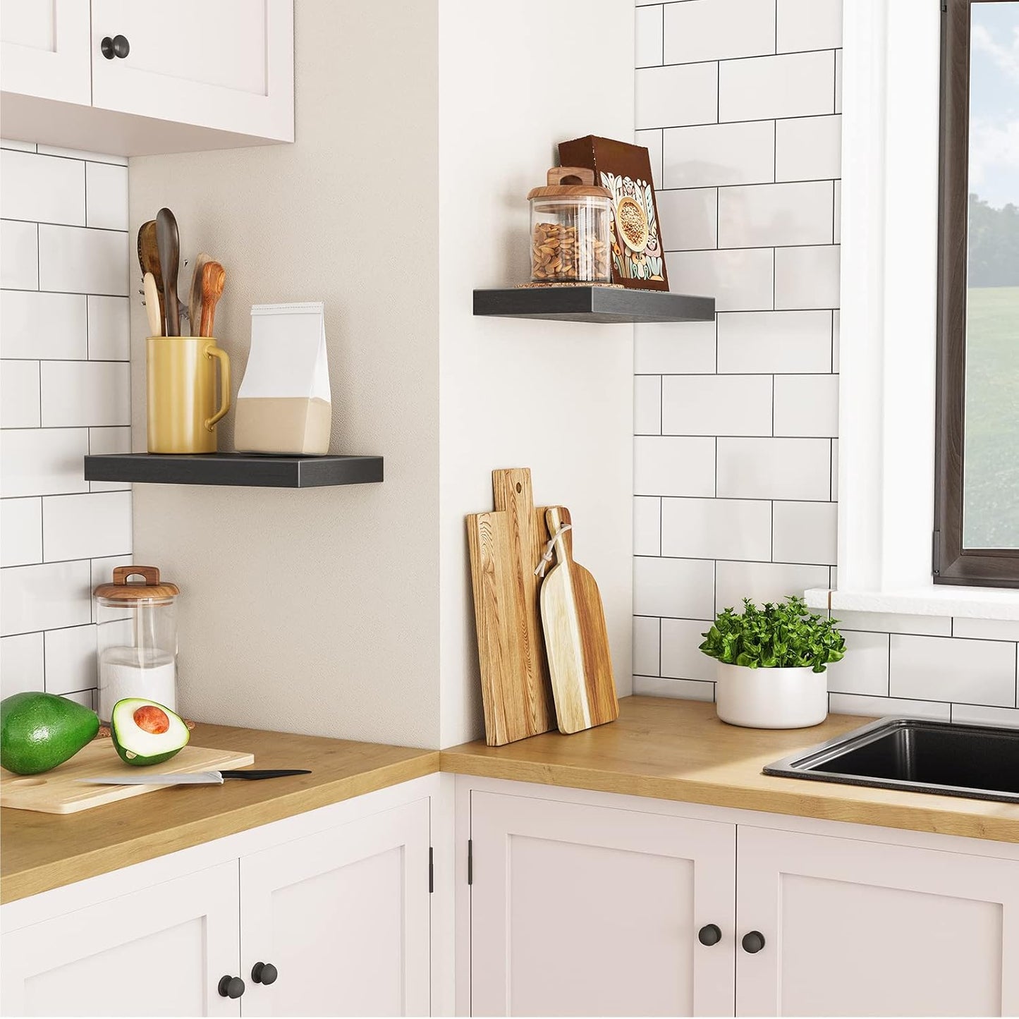 HOOBRO Floating Shelves for Wall, Wall Mounted Shelf Set of 2, 15.7" Hanging Shelf with Invisible Brackets, for Wall in Bathroom, Bedroom, Toilet, Kitchen, Living Room, Office, Black BK40BJ01