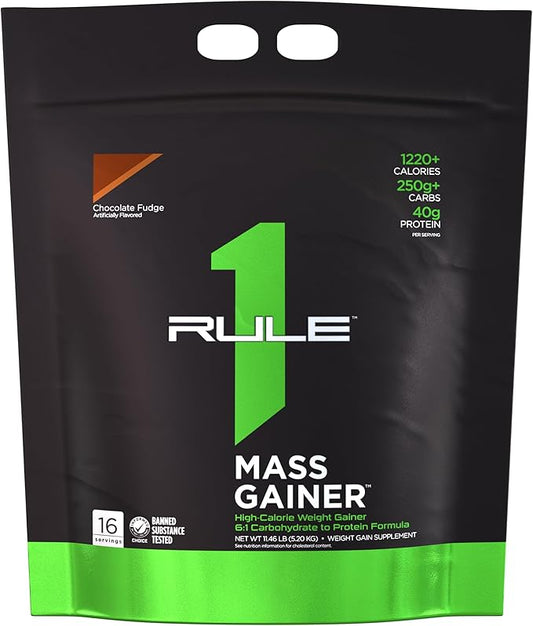 Rule One Proteins, Mass Gainer- Chocolate Fudge, High-Calorie Weight Gain Formula with 1,220+ Calories, 250g+ Complex Carb Blend, 40g All-Whey Protein, 8g of Fat Per Serving, 12 Pounds, 16 Servings