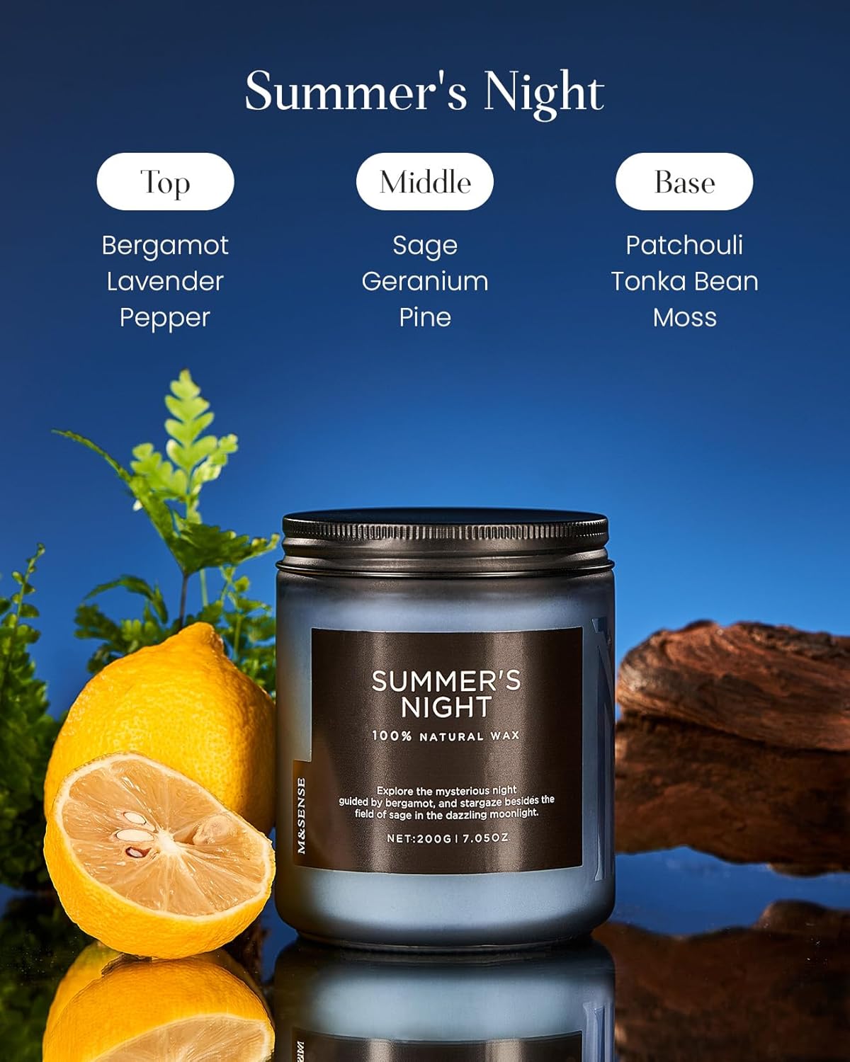 M&SENSE Summer's Night Scented Candle, All Natural Soy Wax Clean Non Toxic Manly Candle for Home, 7.05oz Up to 50 Hours Burn Time in Glass Jar for Bedroom