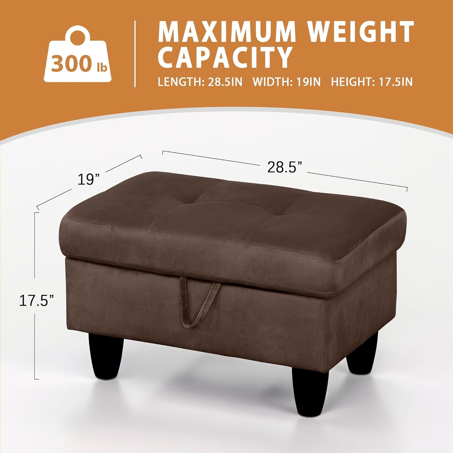 Ottoman Rectangular Storage Ottoman Bench, Flannel Footrest Stool Footstool with Lid for Living Room, Bedroom, Entryway, Chocolate, 28.5"x19"x17.5"