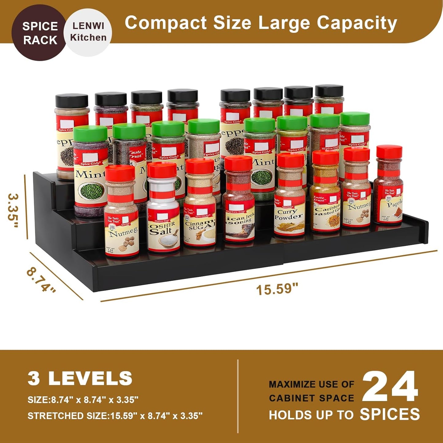 Spice Rack Organizer for Cabinet, 3 Tier Expandable Bamboo Spice Storage, Great for Kitchen Cabinet, Cupboard,Pantry and More(Black)