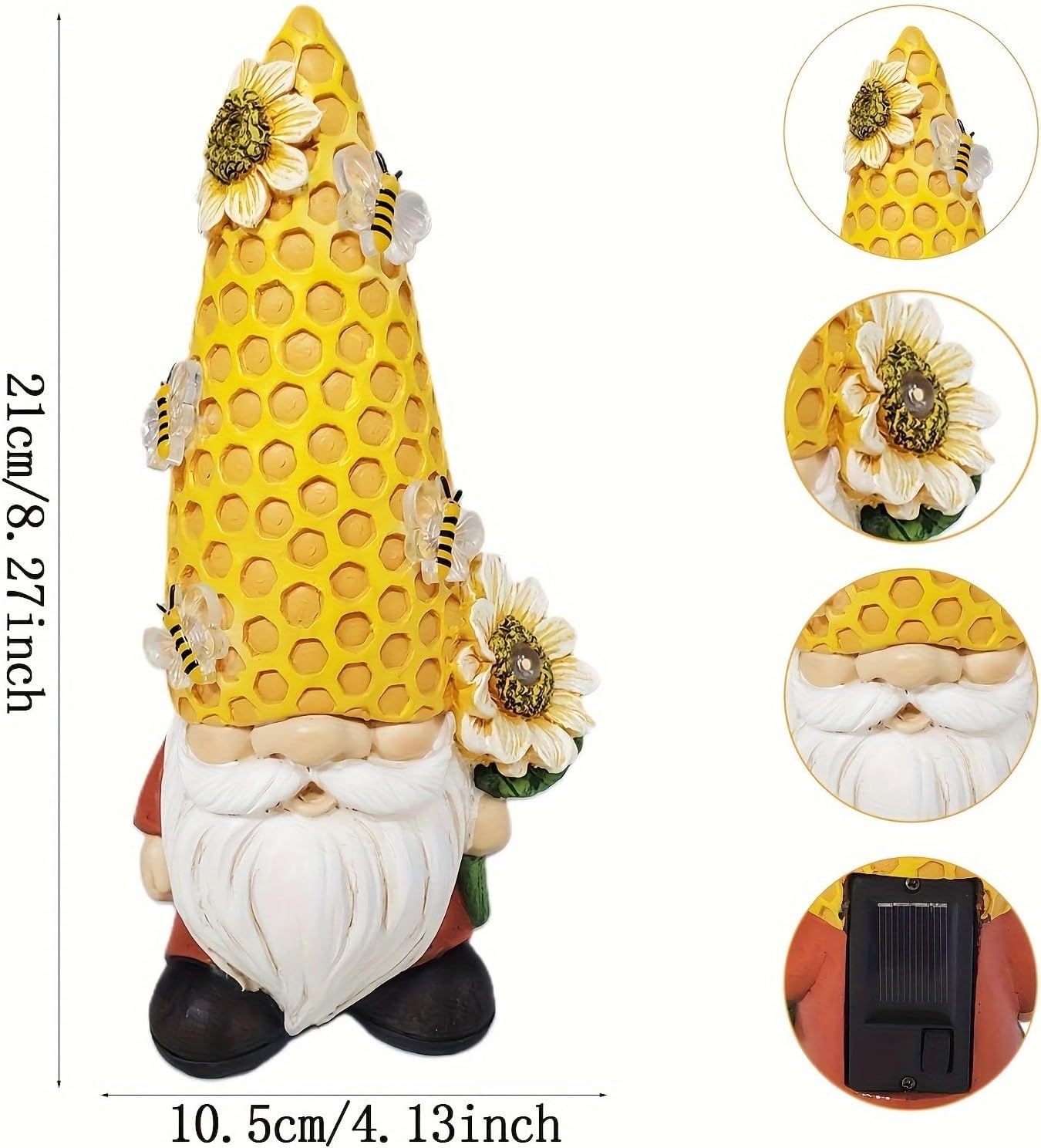 Garden Gnome Statue Solar Powered with Glowing Bees Sunflower Outdoor Funny Resin Figurine Decorations for Patio Yard Lawn Porch Housewarming Ornament Gift