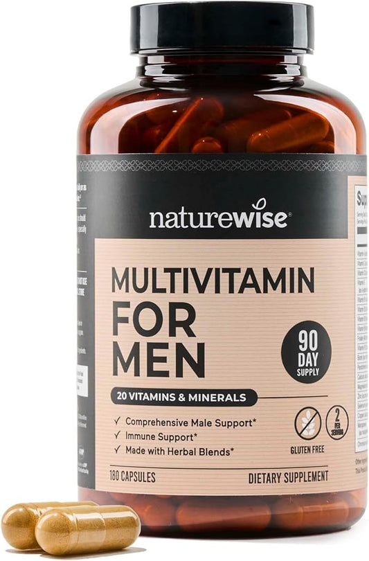 NatureWise Multivitamin for Men - Daily Male Support - Minerals & Herbs for Energy, Performance, Immunity - with Vitamin A, C, D, B-Complex - Soy & Gluten-Free, Non-GMO - 180 Capsules[3-Month Supply]
