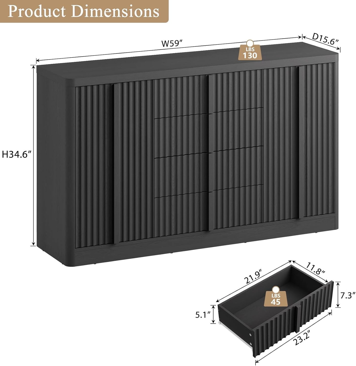 Buffet Cabinet with Storage, 120" Fluted Coffee Bar with 8 Drawers & 4 Doors, Modern Sideboard Buffet with Solid Wood Handle, Credenza Storage Cabinet for Living Room Kitchen Dining Room, Black(2PCS)