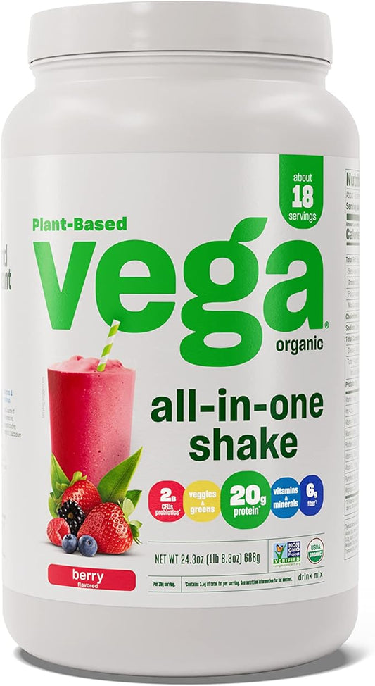Vega Organic All-in-One Vegan Protein Powder, Berry - Superfood Ingredients, Vitamins for Immunity Support, Keto Friendly, Pea Protein for Women & Men, 1.5 lbs (Packaging May Vary)