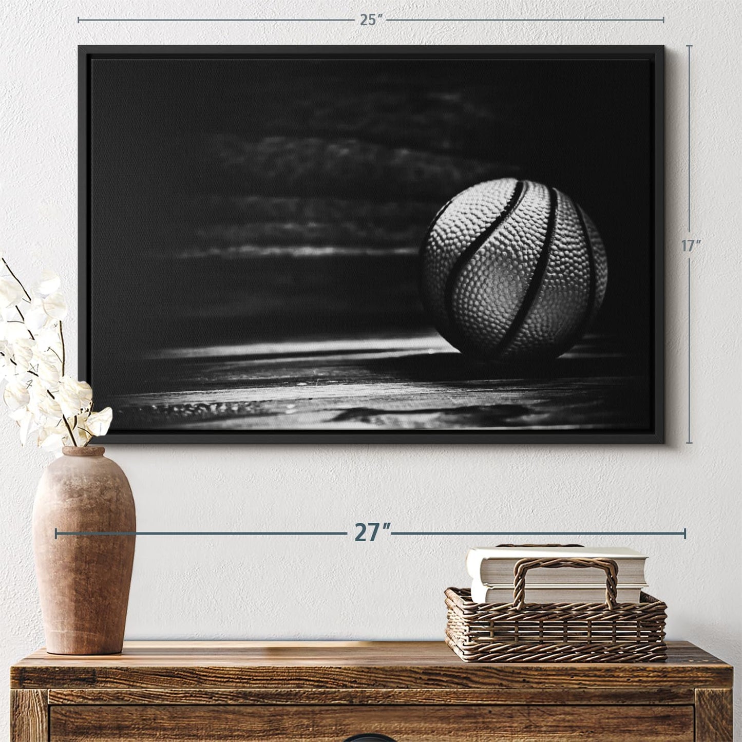 ElephantStock Basketball Wall Art - Horizontal Framed Canvas - 1-Piece Hallway Wall Decor - Photography sports Canvas Print - Black and Gray Decor for Wall - 25" X 17"