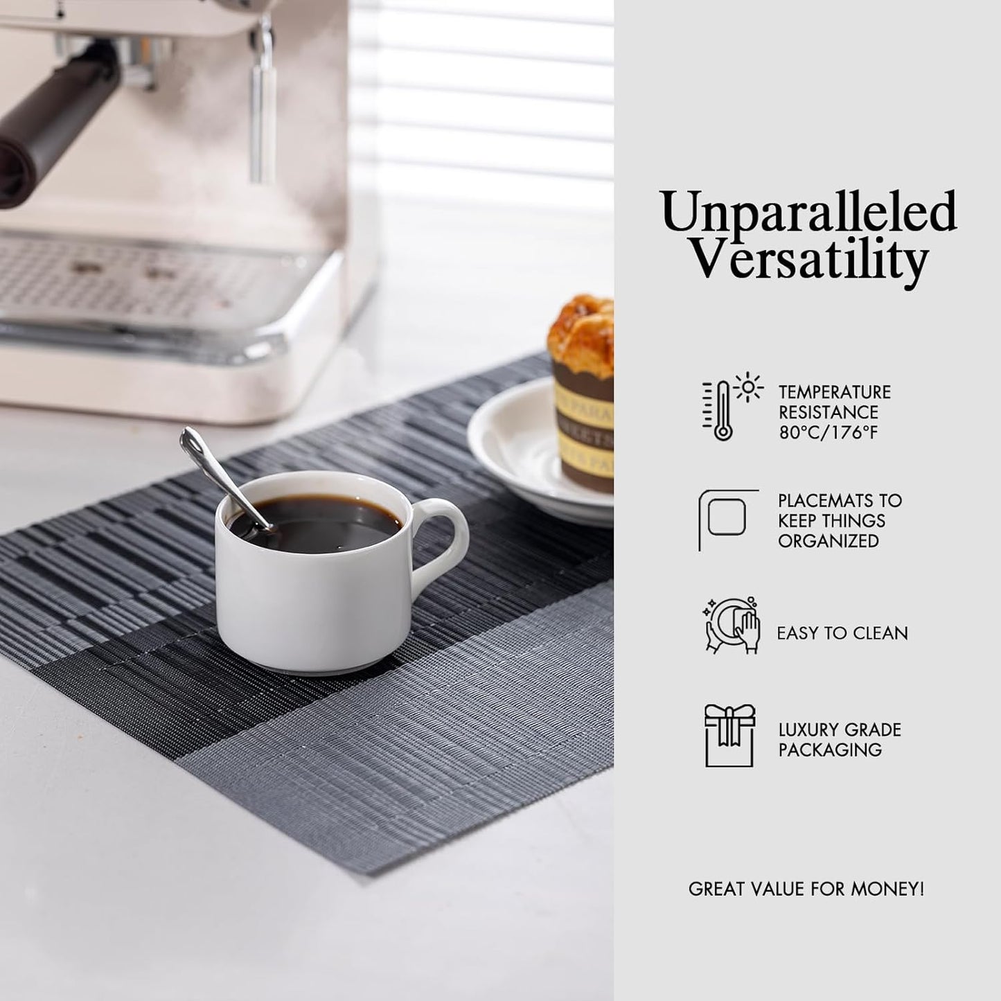 Placemats Set of 8 - Easy Clean Woven Vinyl Placemats for Dining Table, Indoor/Outdoor Place Mats, Washable PVC Table Mats （Silver Gray Black）
