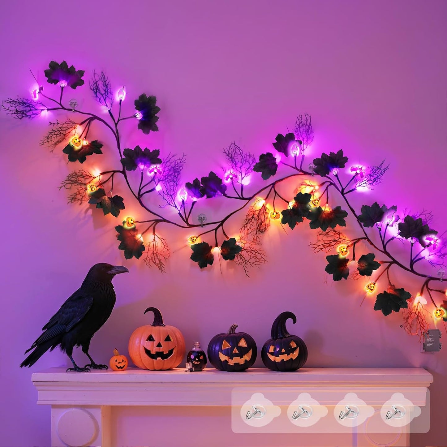 kuaima Halloween Lighted Willow Vine Twig Decor, 6.56 FT Light up Garland with Purple and Orange LED Lights for Indoor Outdoor Decor, 8 Modes, 18 Ornaments, 4 Adhesive Hooks