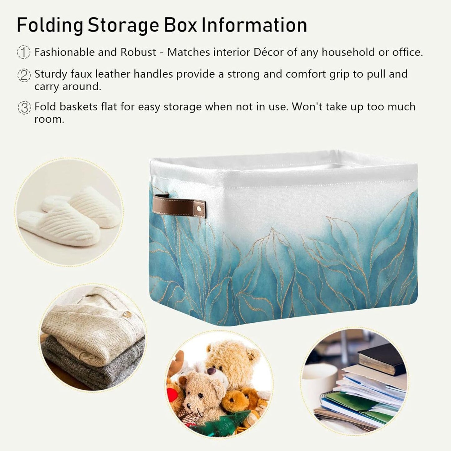 susiyo Storage Baskets for Shelves Closet Storage Bins for Organizing Shelf Nursery Toys, Decorative Linen Fabric Bins Cube with PU Handles 1 Pack,Luxury Blue Golden