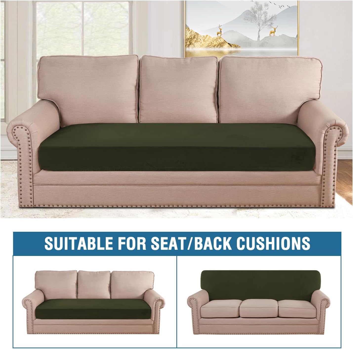 H.VERSAILTEX Velvet Stretch Individual Couch Cushion Cover Plush Cushion Slipcover for Loveseat Sofa Cushion Furniture Protector Seat Cushion Sofa Cover (1 Piece Sofa Cushion Cover, Olive)