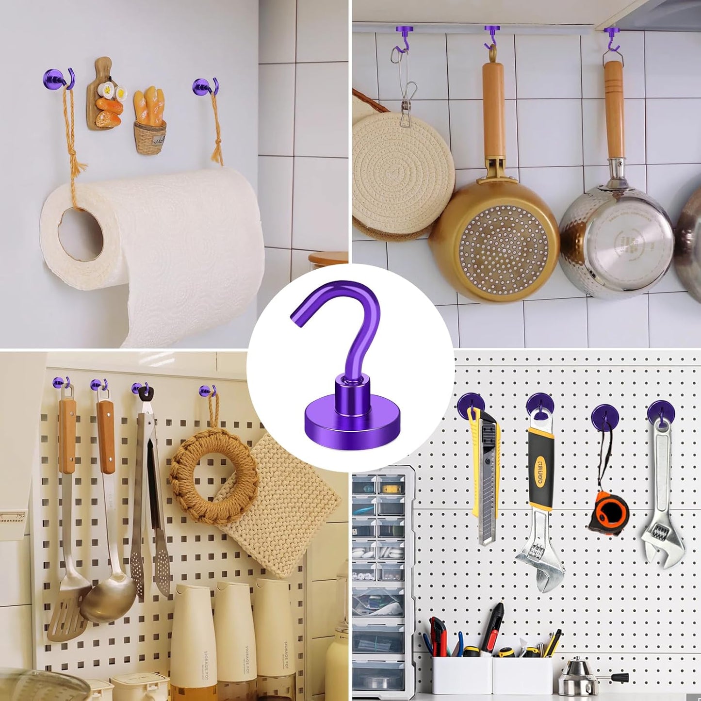 MIKEDE Magnetic Hooks Heavy Duty, 28Lbs Neodymium Magnets with Hooks for Refrigerator, 10Pcs Strong Cruise Hooks for Hanging, Magnetic Hanger for Grill, Toolbox, Storage - Purple