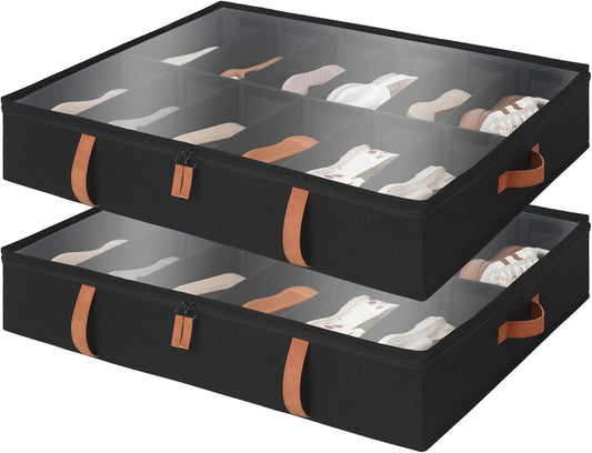 StorageWorks Shoe Organizer Under Bed for Closet, 2-Pack Ultra-thick Fabric Shoe Storage Containers with Bottom Support and Adjustable Dividers, Fits up to 24 Pairs, Black