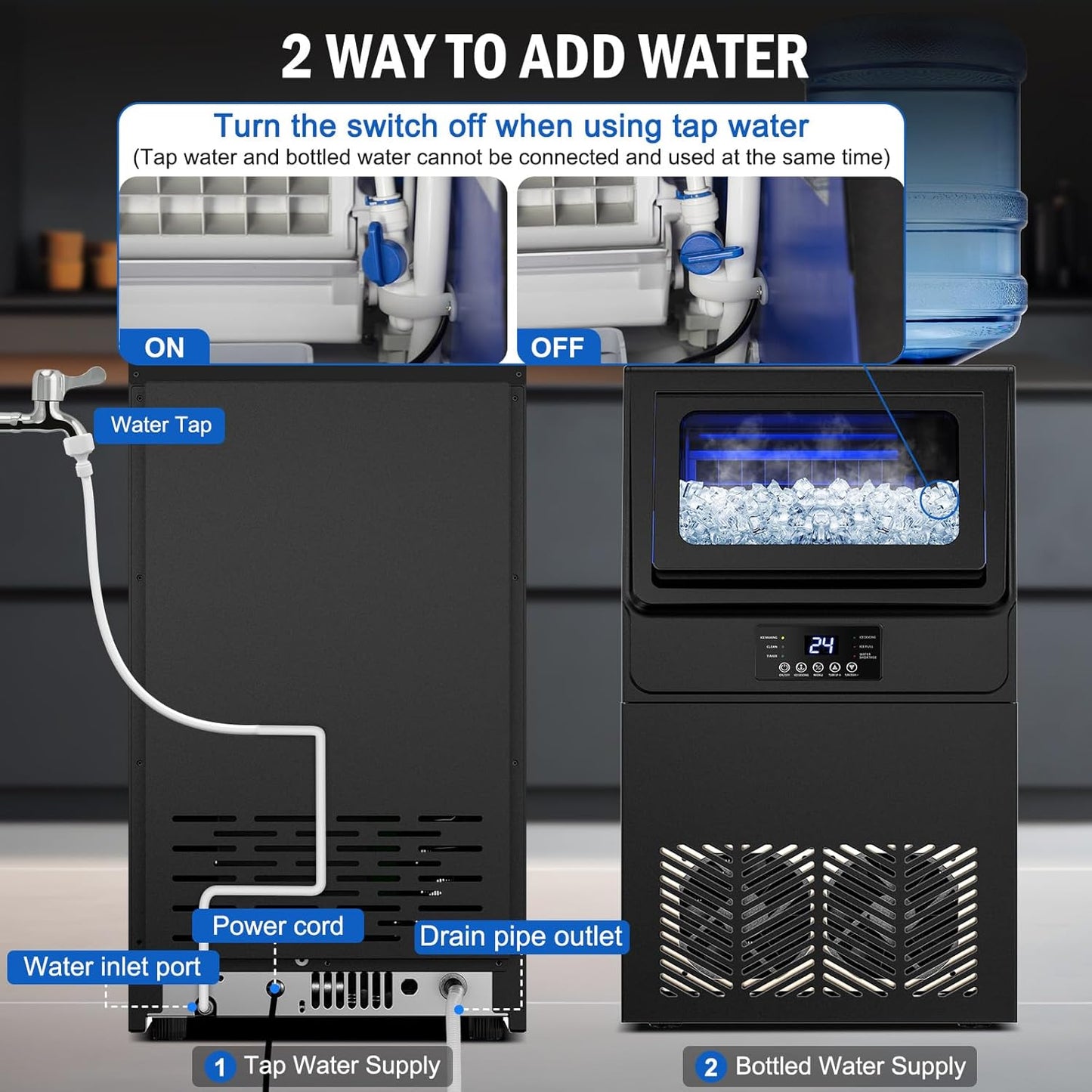 Commercial Ice Maker Machine 100 LBS/24H, 36 Ice Trays Freestanding & Undercounter Ice Machine Stainless Steel with 20 LBS Ice Storage Capacity, Ice Maker with Water Line, Dual Water Inlet, Black