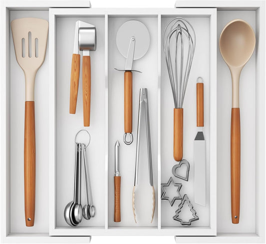 Lifewit Utensil Organizer for Kitchen Drawer, Expandable Cooking Utensil Tray, Bamboo Cutlery Silverware Flatware Holder, Adjustable Spatula Tools and Gadgets Storage Divider, Large, White