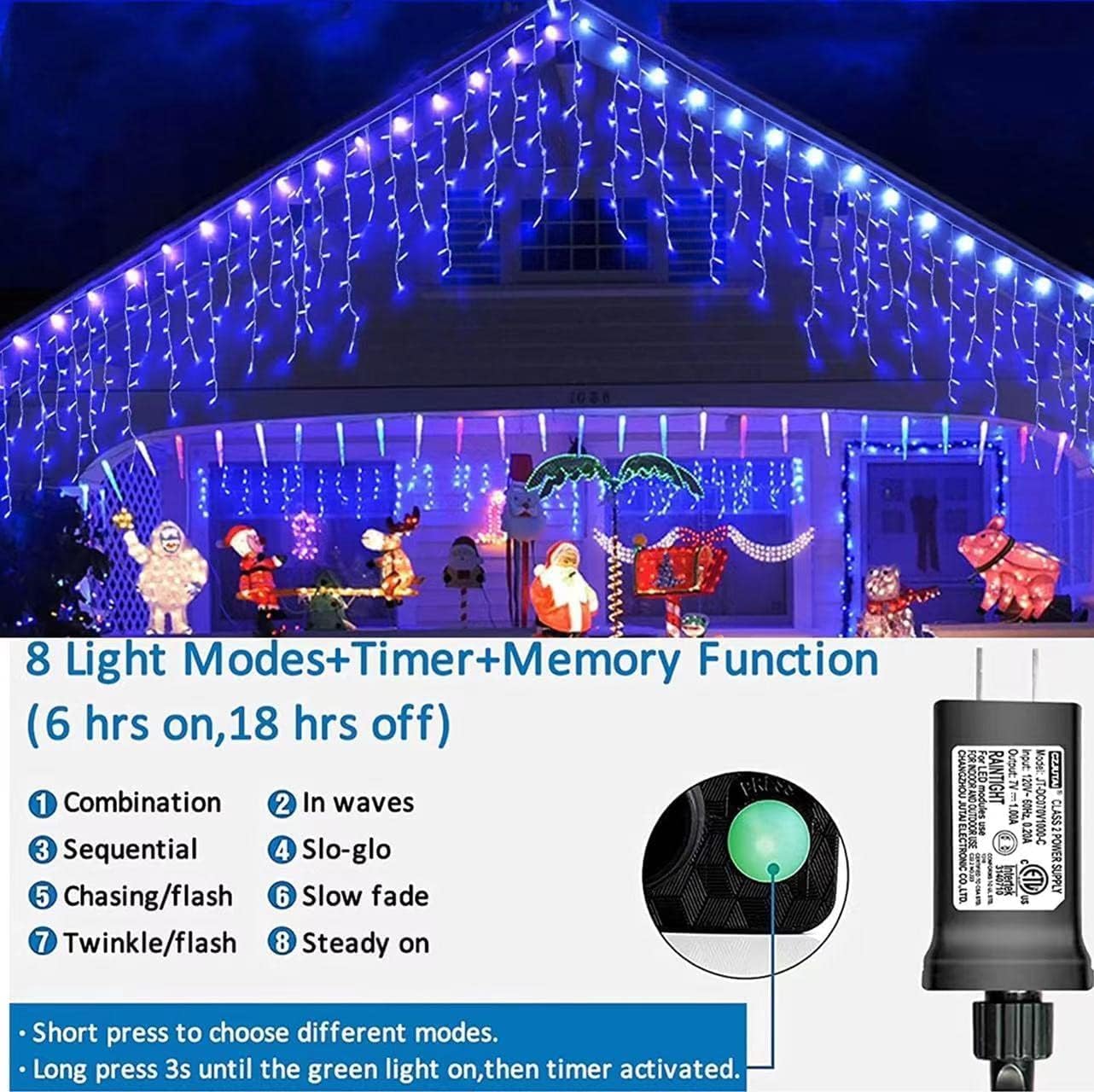 YEGUO 66ft 800 LED Blue Icicle Lights Outdoor Waterproof, 160 Drops Icicle String Light Connectable, 8 Modes Icicle Christmas Lights with Memory Timer