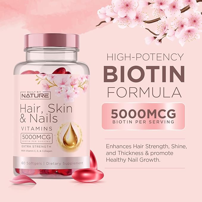Hair Skin and Nails Vitamins – 5000mcg Biotin 60 Softgels