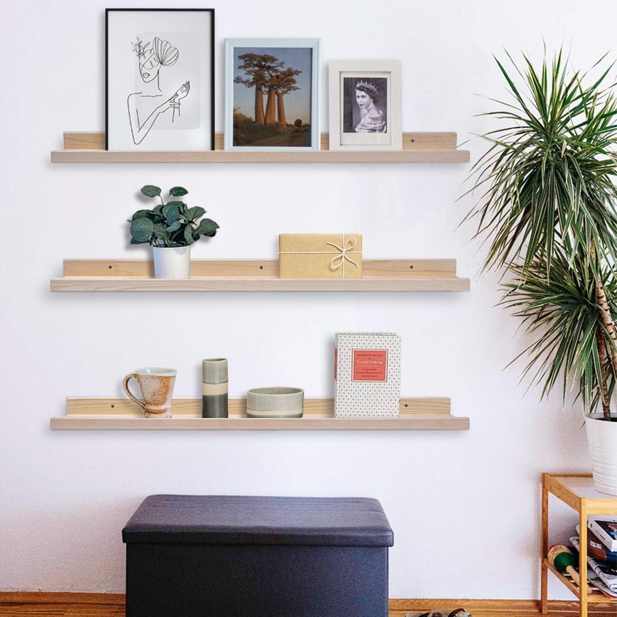 AZSKY 48 Inch Large Wood Floating Shelves for Wall Set of 3, Rustic Natural Picture Ledge Shelf Decor for Bedroom Kitchen Bathroom Living Room Nursery Display, 3 Same Sizes