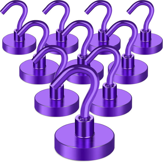MIKEDE Magnetic Hooks, 40Lbs+ Heavy Duty Magnet Hooks for Cruise Cabins, Super Neodymium Hanging Hooks Strong Magnets with Hook for Fridge, Magnetic Hanger for Grill, Toolbox, Storage(Purple, 10 Pack)
