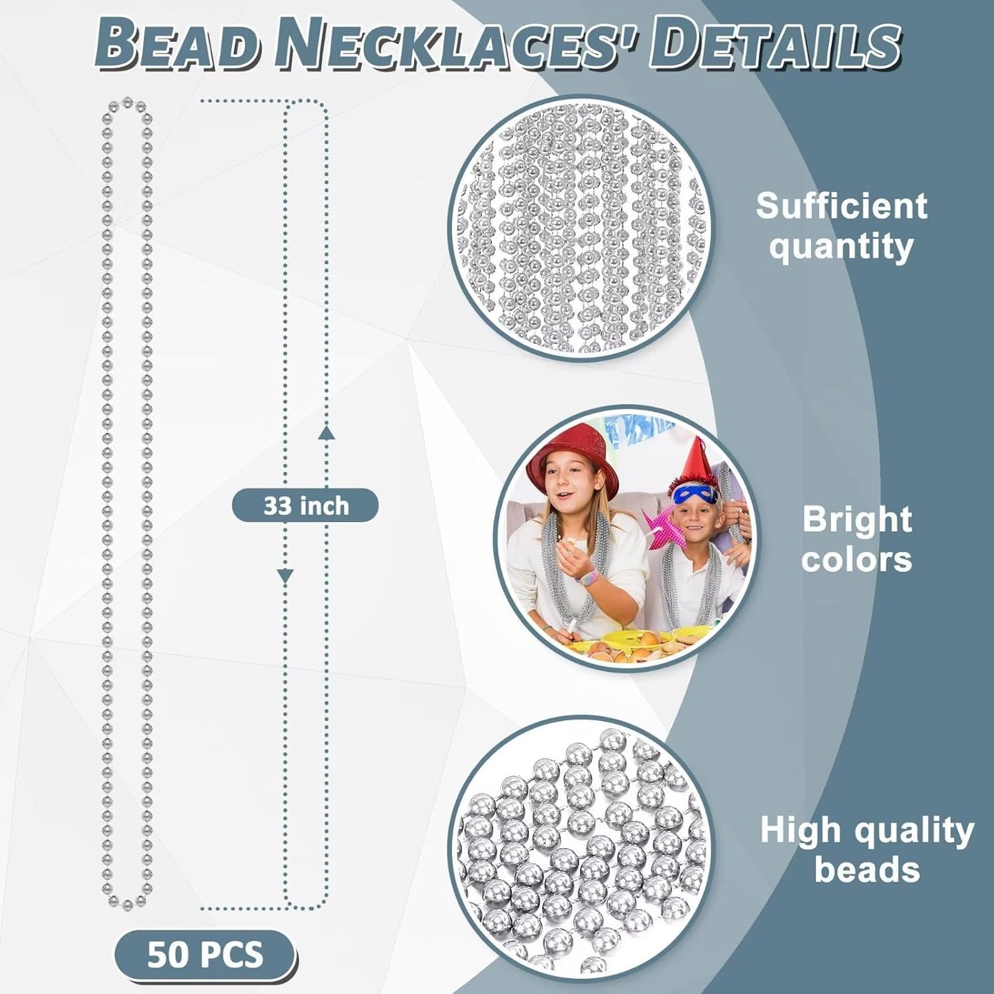 50PCS Bead Necklace, Silver Christmas Bead Stuff Party Favors, 33" Xmas Necklaces Women and Men, Festival Events Parade Throw Accessories for Wedding Birthday Celebrations Decorations