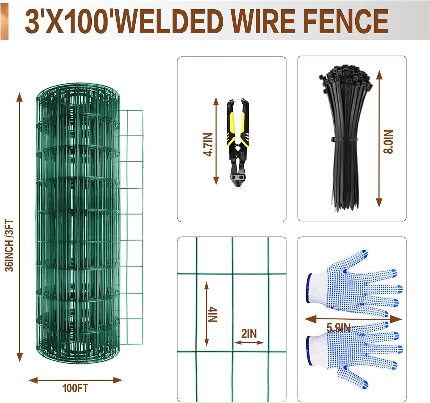 Tongmo 3 ft x 100 ft Green PVC Coated Welded Wire Fence, 16GA Garden Chicken Wire Fence Roll, Mesh Size 2" x 4" Hardware Cloth, Ideal for Yard Protection and Poultry Netting