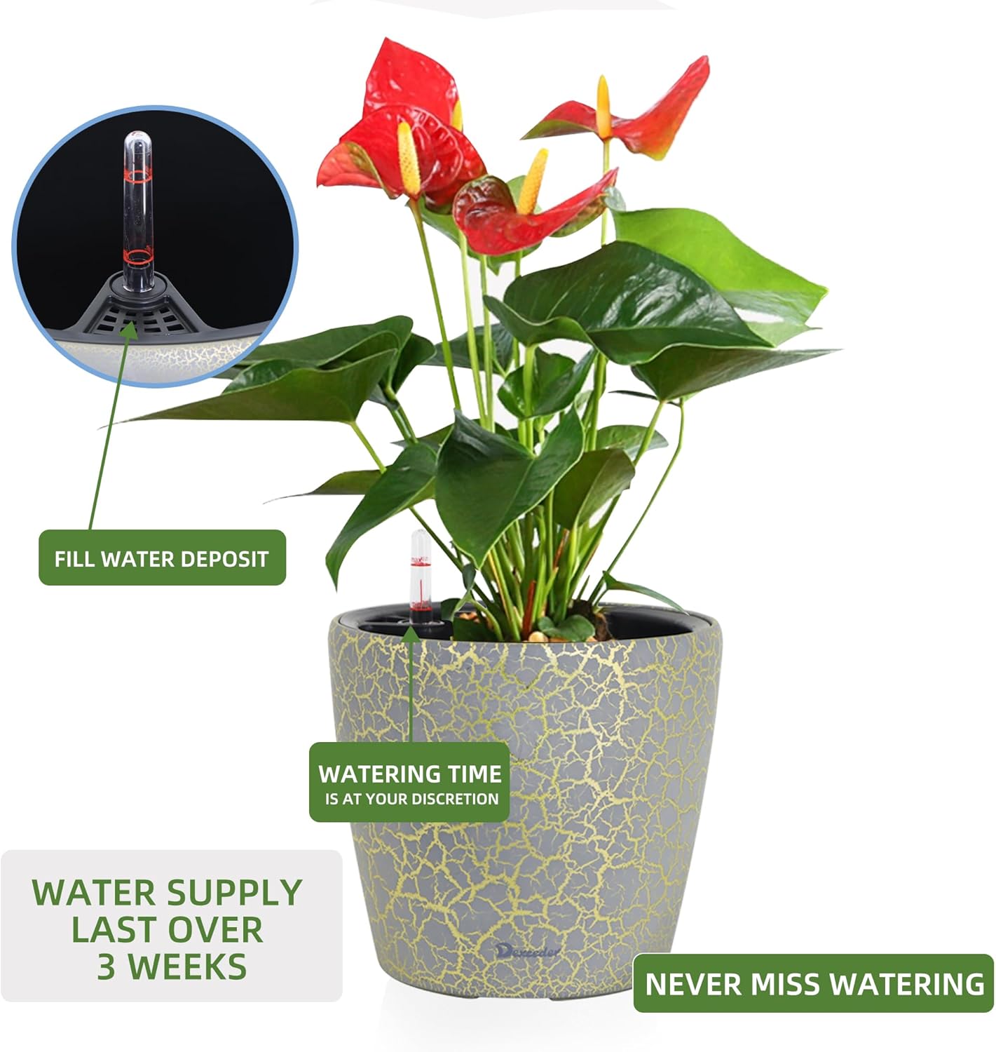 Dexceder 9x8 Inches Self Watering Planter Indoor Outdoor, Inner Pot Design, Thickened Table Flower Plant Pot with Water Level Indicator (Grey Gold Crackle)