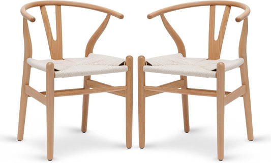 POLY & BARK Weave Dining Chairs – Mid-Century Modern Wishbone Dining Chairs with Arms, Solid Wood Frame, Indoor Use – Natural – Set of 2 - Ideal for Dining Room, Kitchen or Stylish Accent Setting