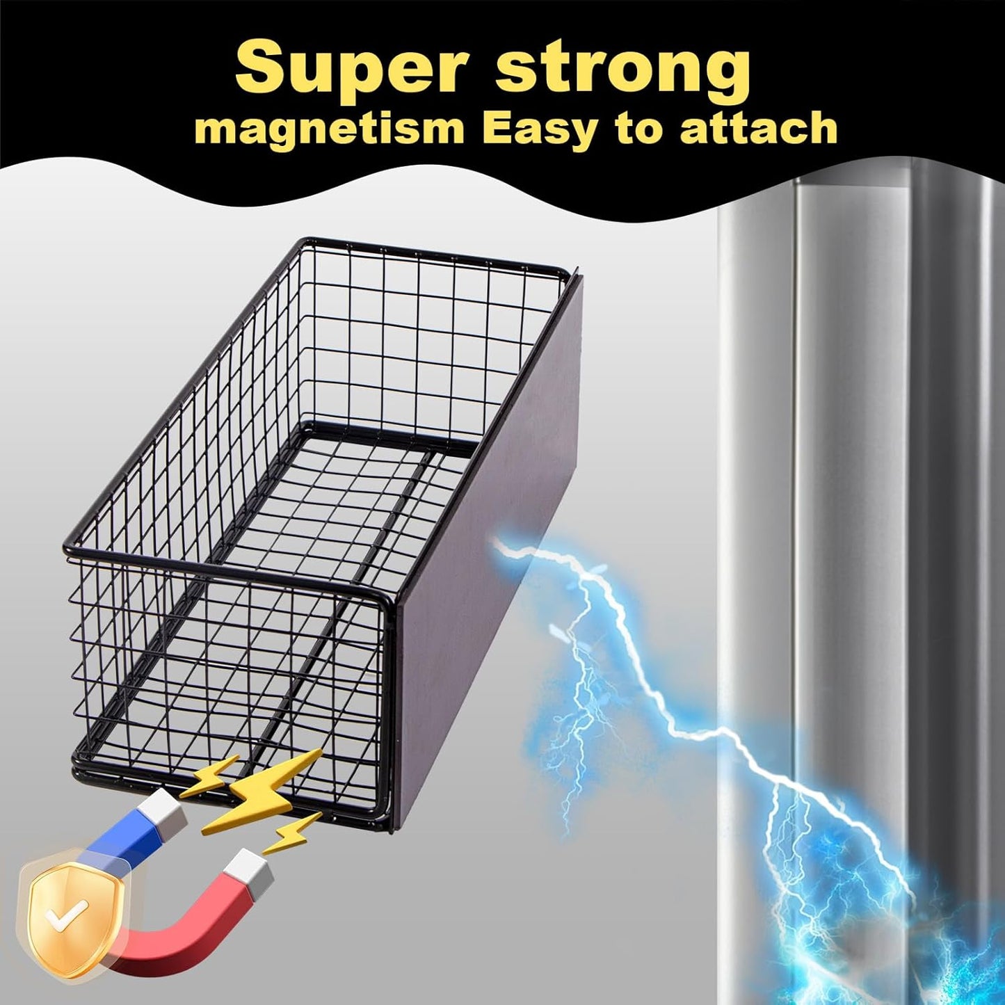 Magnetic Basket, Magnetic Shelf for Fridge, Magnetic Spice Rack Wire Mesh Magnetic organizer Holder Accessories for Office Kitchen Classroom Storage, Black-High, 9.44" x 4" x 3.14"