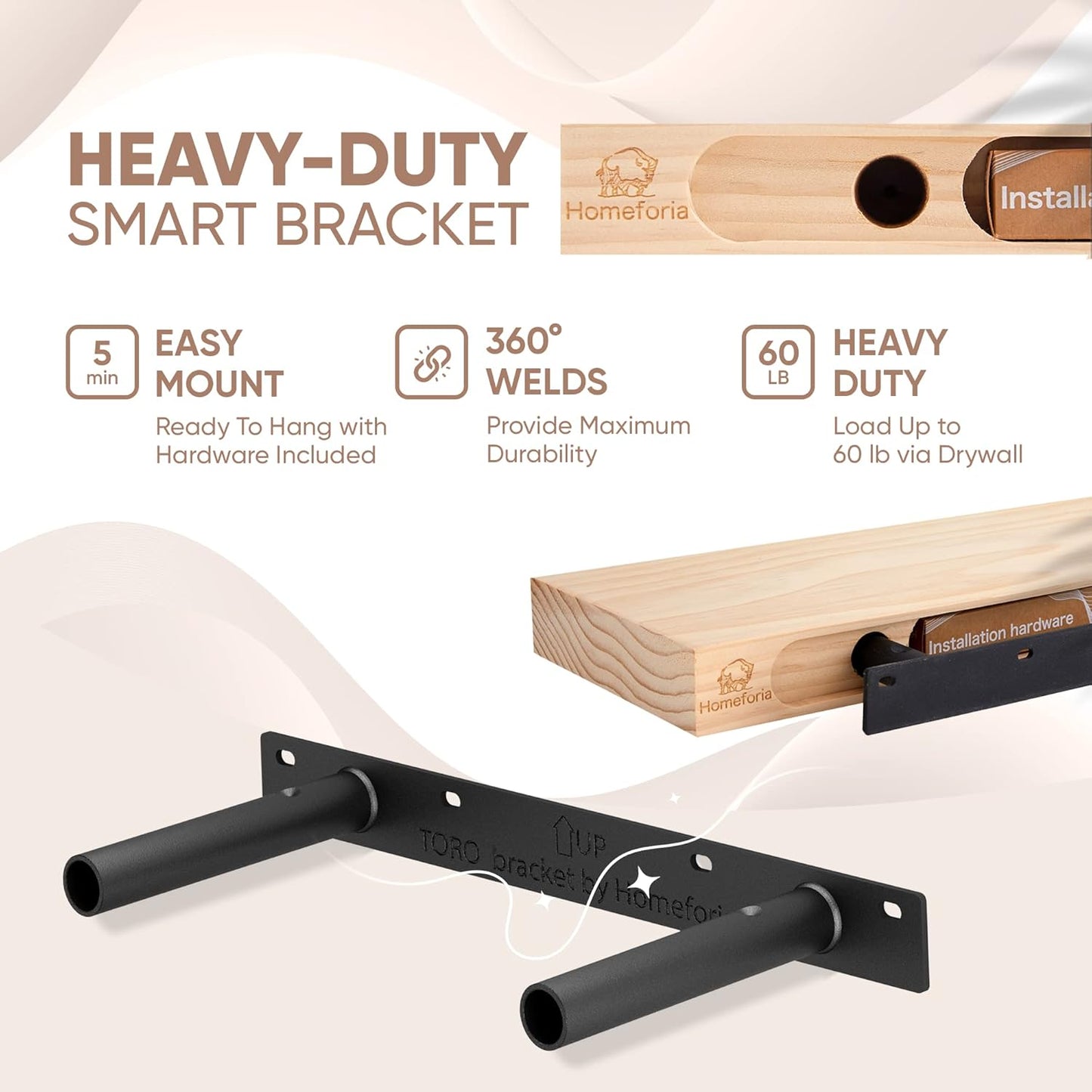 Homeforia 18 inch Natural Floating Shelf, High End Solid Real Wood 18inch Small Floating Shelves for Wall Mounted, Natural Wooden Floating Shelves, Heavy Duty Bracket, 18 X 6.5 X 1.75 in, Set of 2