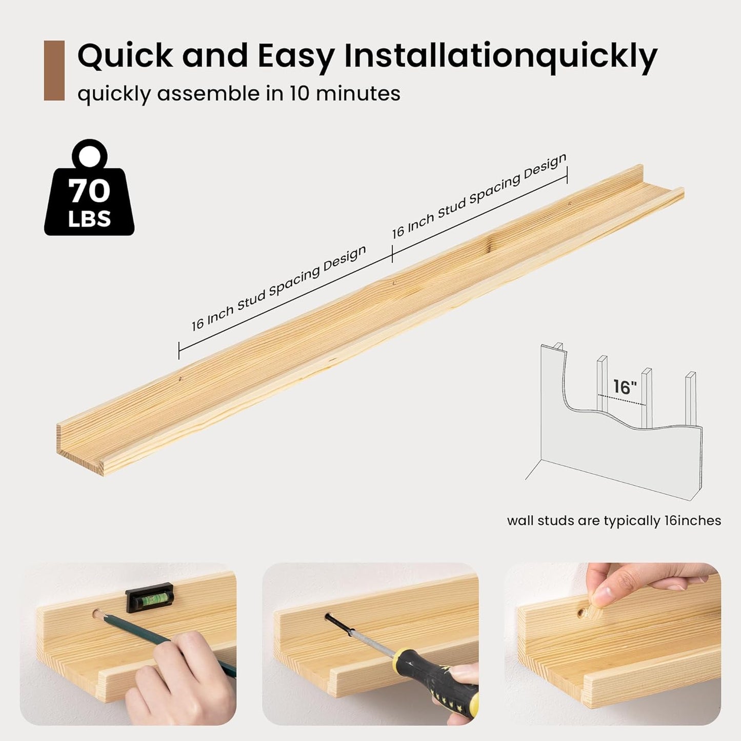 Picture Ledge Shelf, Solid Pine Wood Floating Shelves Set of 2, 48 Inches Nursery Book Shelves for Toys Storage, Kids Bookshelf Wall Mounted for Living Room Decor Photo Frames, Unfinished Natural