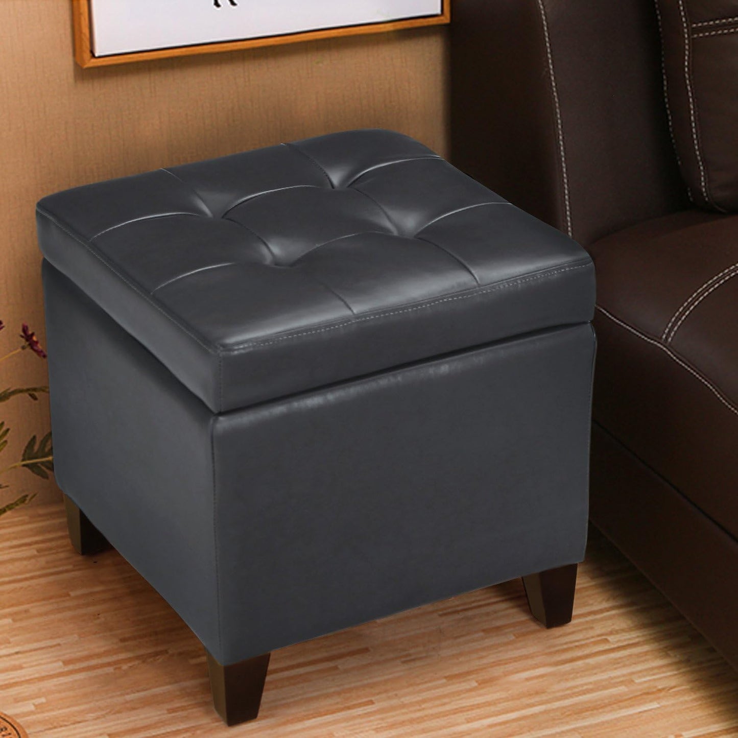 Adeco Bonded Leather Square Tufted Cubic Cube Storage Footstool, 18" Inch Ottomans & Storage Ottomans, With Lid, Dim Gray